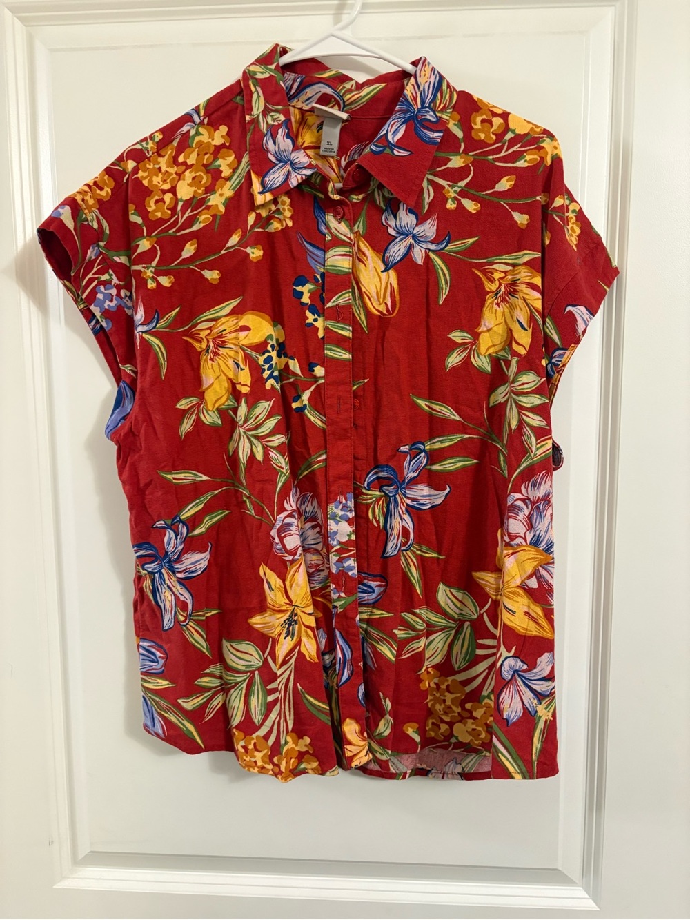 A New Day Red Floral Button-Down Short Sleeve Top